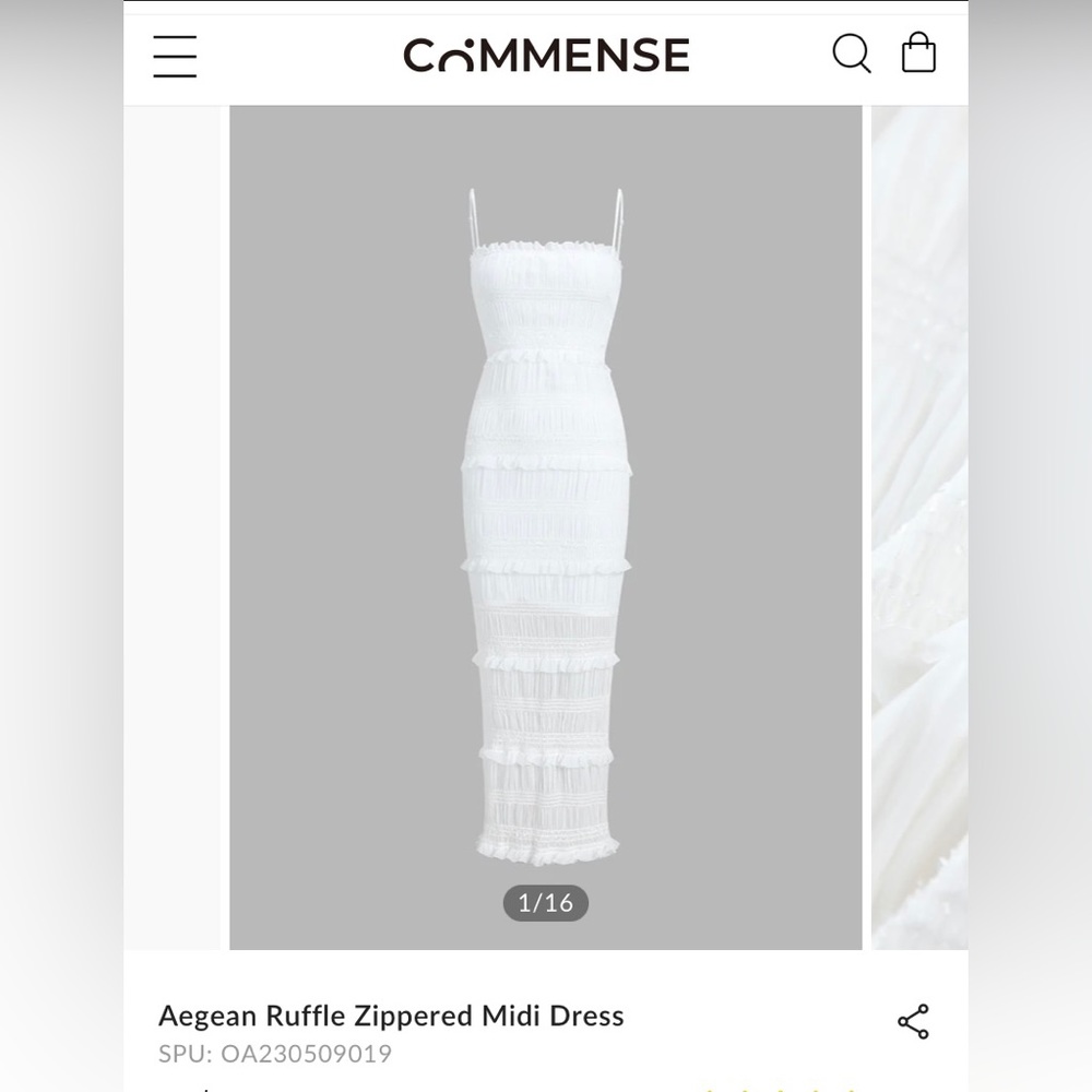 Commense White Aegean Ruffle Zippered Midi Dress